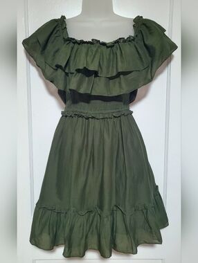 🆕️ Happy Nature Olive Green Ruffled Off-Shoulder Dress sz L